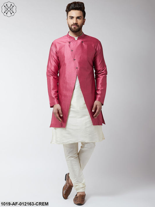 Men's Silk Blend Cream Kurta Churidaar Pyjama & Pink Sherwani Jacket Set