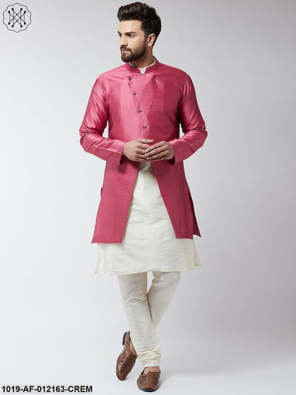 Men's Silk Blend Cream Kurta Churidaar Pyjama & Pink Sherwani Jacket Set