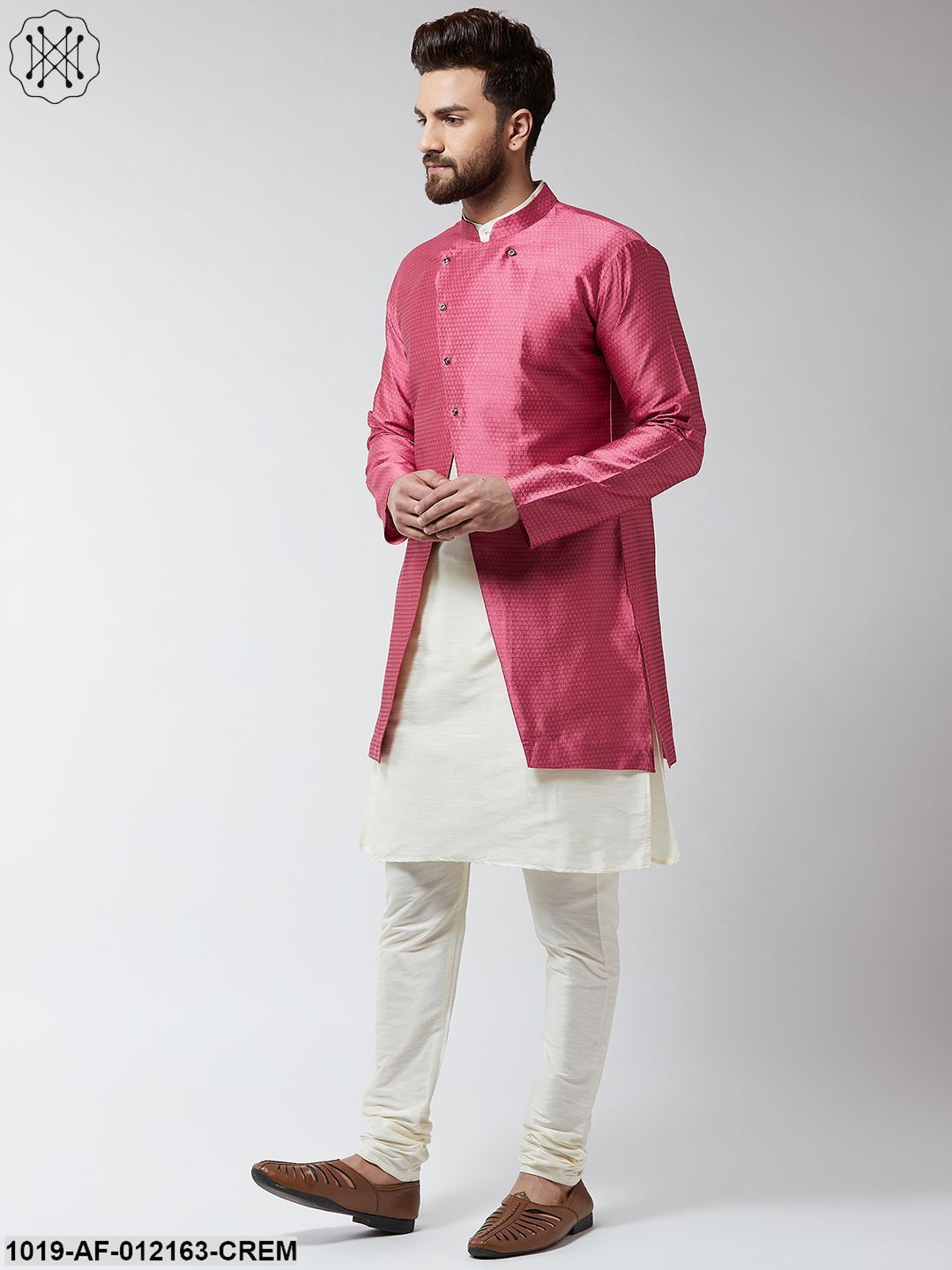 Men's Silk Blend Cream Kurta Churidaar Pyjama & Pink Sherwani Jacket Set