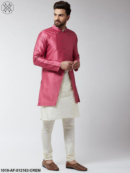 Men's Silk Blend Cream Kurta Churidaar Pyjama & Pink Sherwani Jacket Set