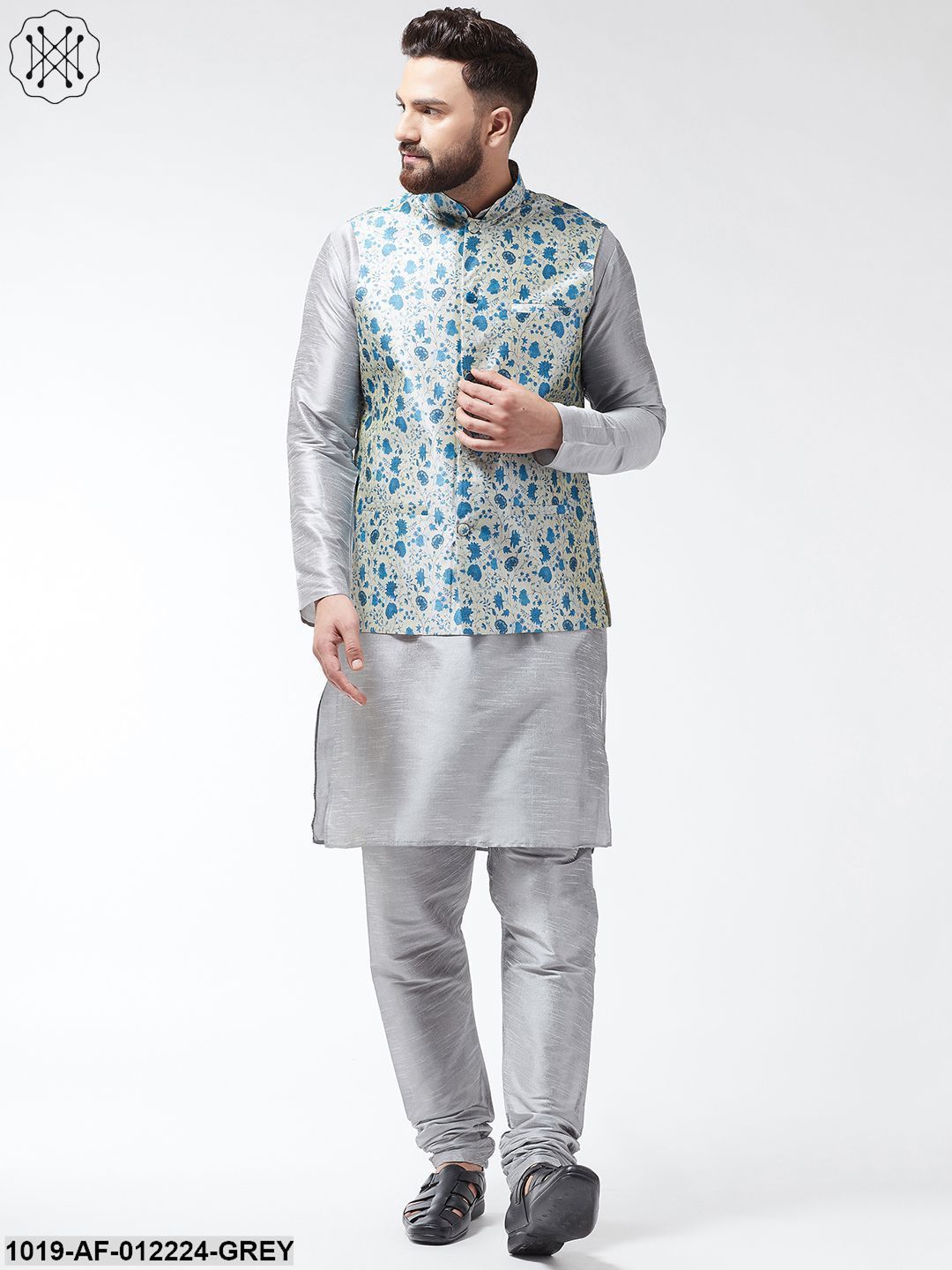 Men's Silk Blend Grey Kurta With Pyjama & Blue Printed Nehrujacket Combo