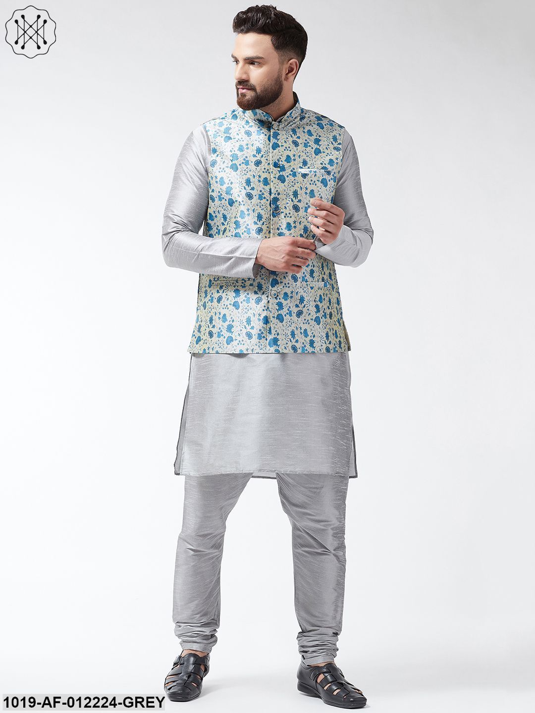 Men's Silk Blend Grey Kurta With Pyjama & Blue Printed Nehrujacket Combo