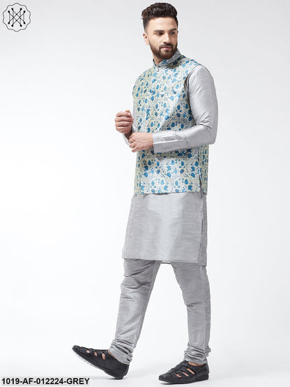 Men's Silk Blend Grey Kurta With Pyjama & Blue Printed Nehrujacket Combo