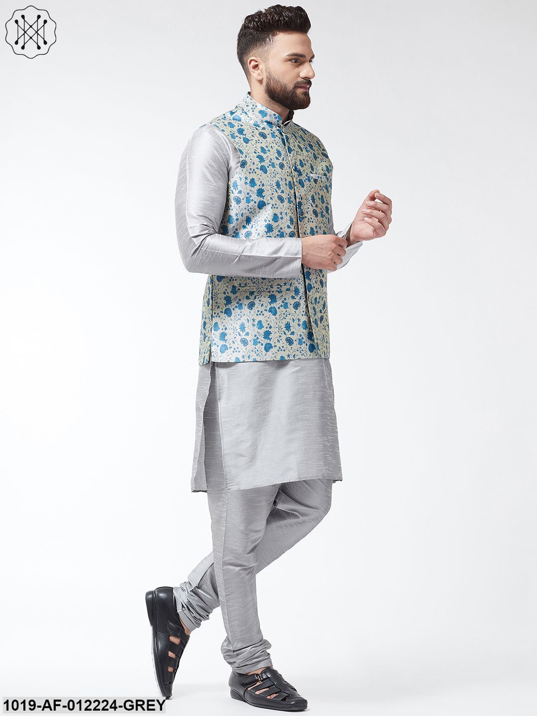 Men's Silk Blend Grey Kurta With Pyjama & Blue Printed Nehrujacket Combo