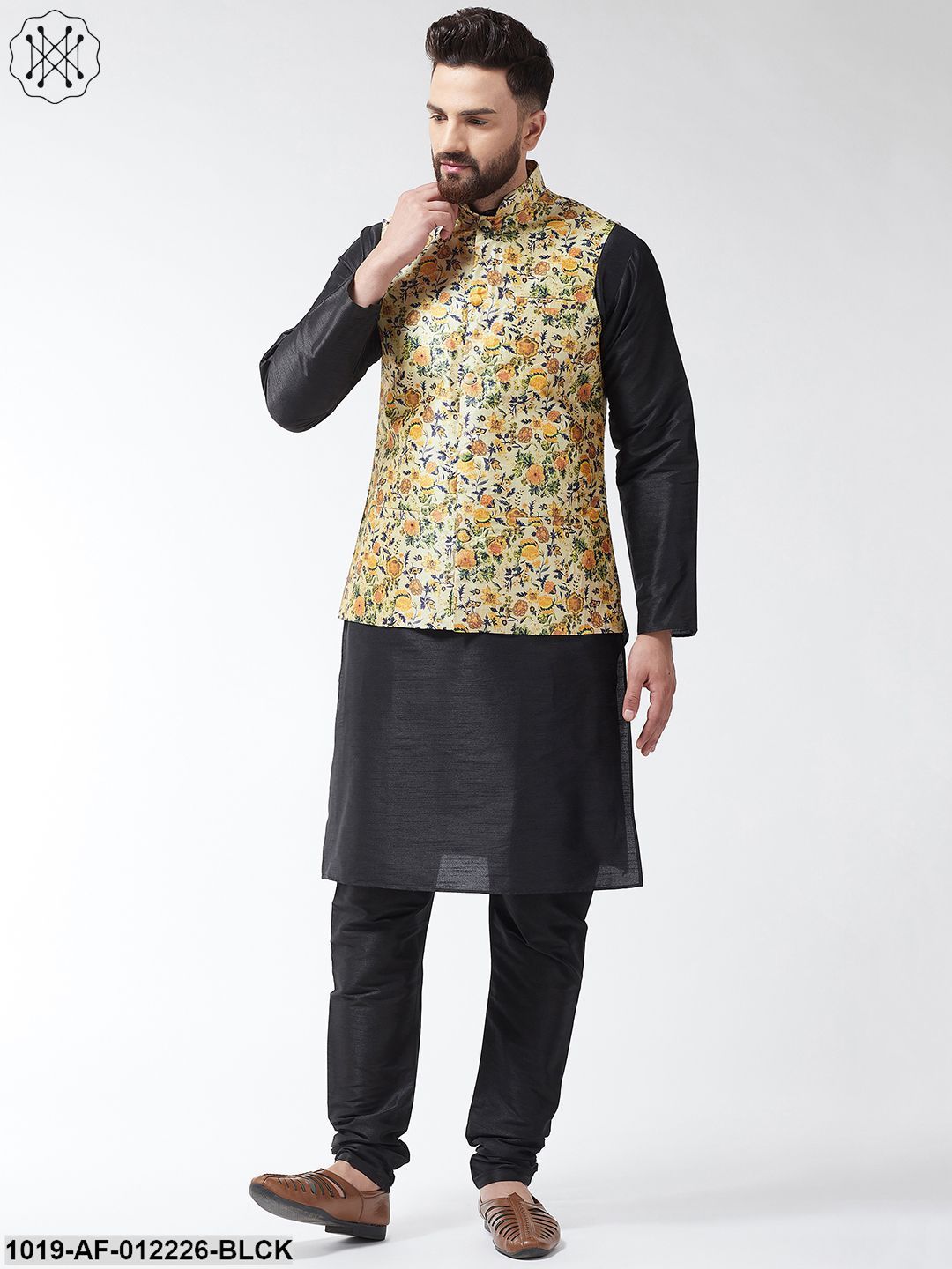 Men's Silk Blend Black Kurta With Pyjama & Limegreen Printed Nehrujacket Combo