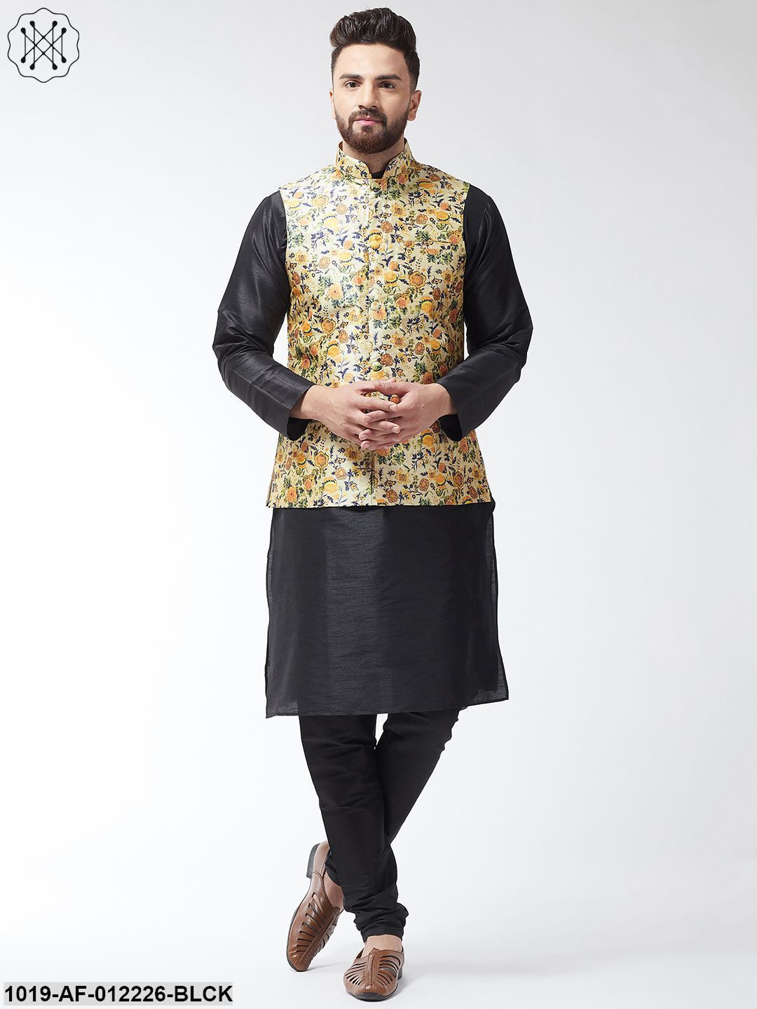 Men's Silk Blend Black Kurta With Pyjama & Limegreen Printed Nehrujacket Combo