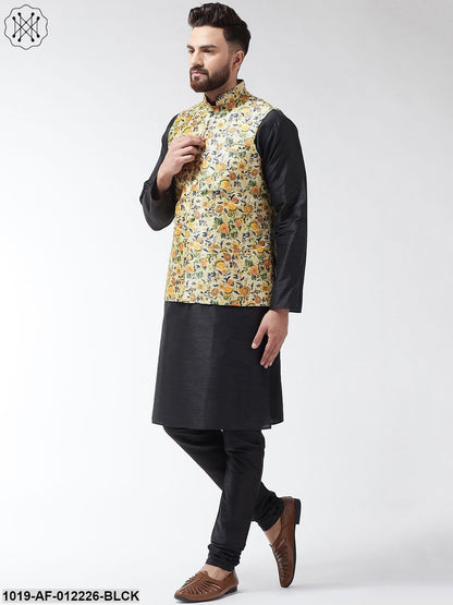 Men's Silk Blend Black Kurta With Pyjama & Limegreen Printed Nehrujacket Combo