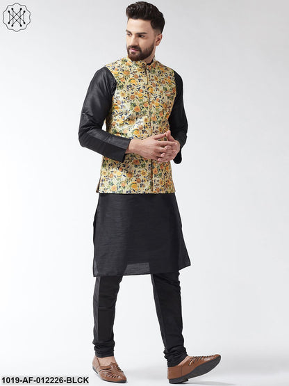 Men's Silk Blend Black Kurta With Pyjama & Limegreen Printed Nehrujacket Combo