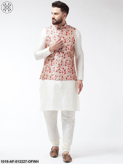 Men's Silk Blend Offwhite Kurta With Pyjama & Maroon Printed Nehrujacket Combo