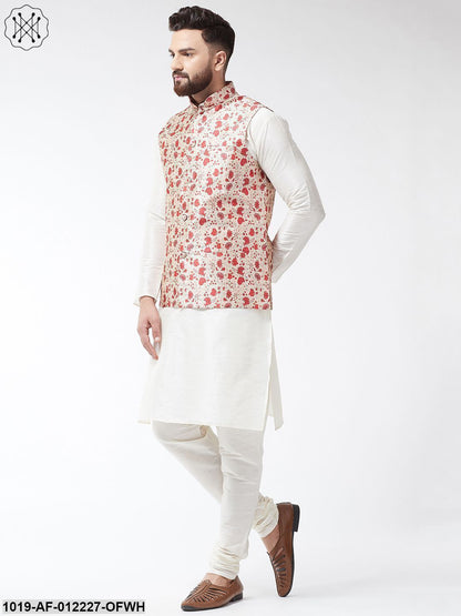 Men's Silk Blend Offwhite Kurta With Pyjama & Maroon Printed Nehrujacket Combo