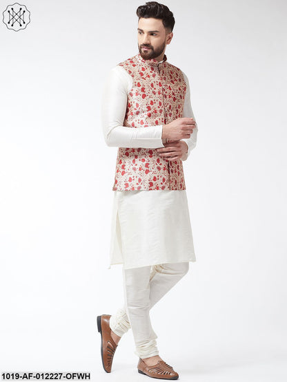 Men's Silk Blend Offwhite Kurta With Pyjama & Maroon Printed Nehrujacket Combo