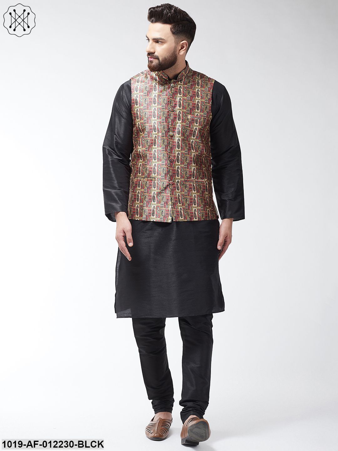 Men's Silk Blend Black Kurta With Pyjama & Multi Printed Nehrujacket Combo