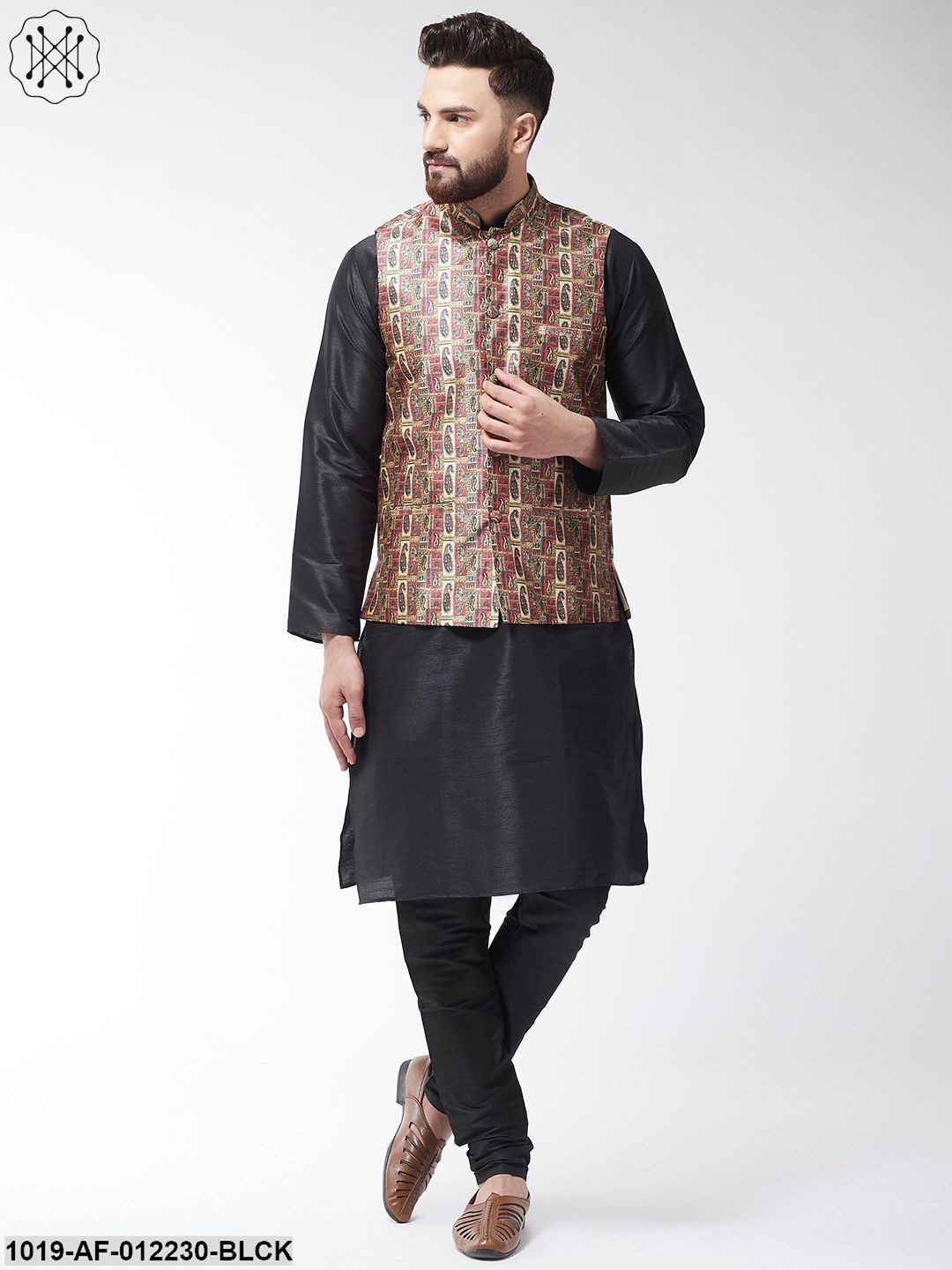 Men's Silk Blend Black Kurta With Pyjama & Multi Printed Nehrujacket Combo