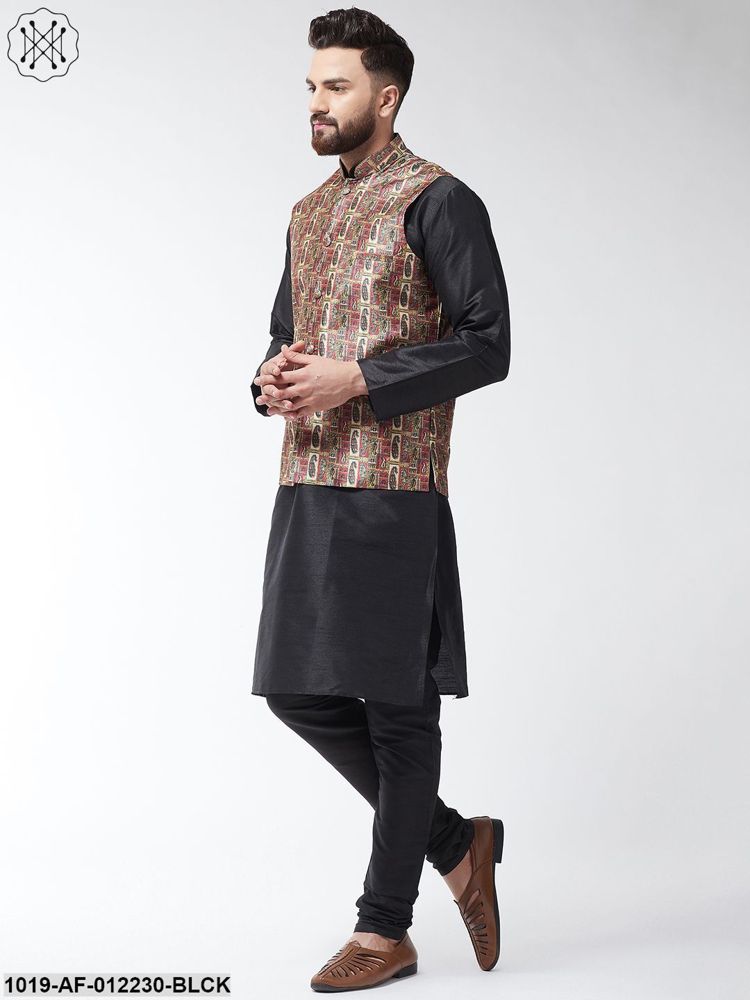 Men's Silk Blend Black Kurta With Pyjama & Multi Printed Nehrujacket Combo