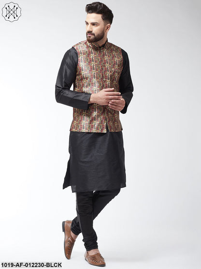 Men's Silk Blend Black Kurta With Pyjama & Multi Printed Nehrujacket Combo