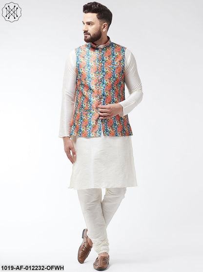 Men's Silk Blend Offwhite Kurta With Pyjama & Blue Printed Nehrujacket Combo