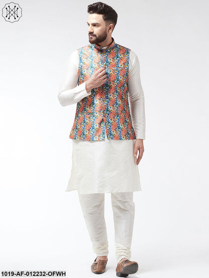 Men's Silk Blend Offwhite Kurta With Pyjama & Blue Printed Nehrujacket Combo