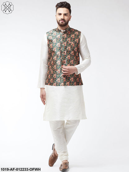 Men's Silk Blend Offwhite Kurta With Pyjama & Darkgreen Printed Nehrujacket