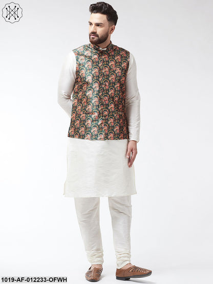 Men's Silk Blend Offwhite Kurta With Pyjama & Darkgreen Printed Nehrujacket