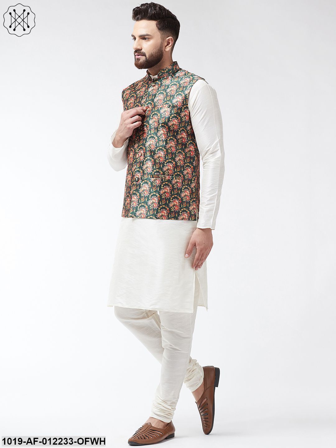 Men's Silk Blend Offwhite Kurta With Pyjama & Darkgreen Printed Nehrujacket