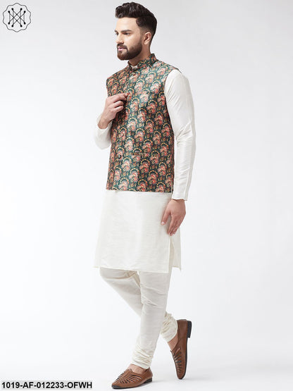 Men's Silk Blend Offwhite Kurta With Pyjama & Darkgreen Printed Nehrujacket