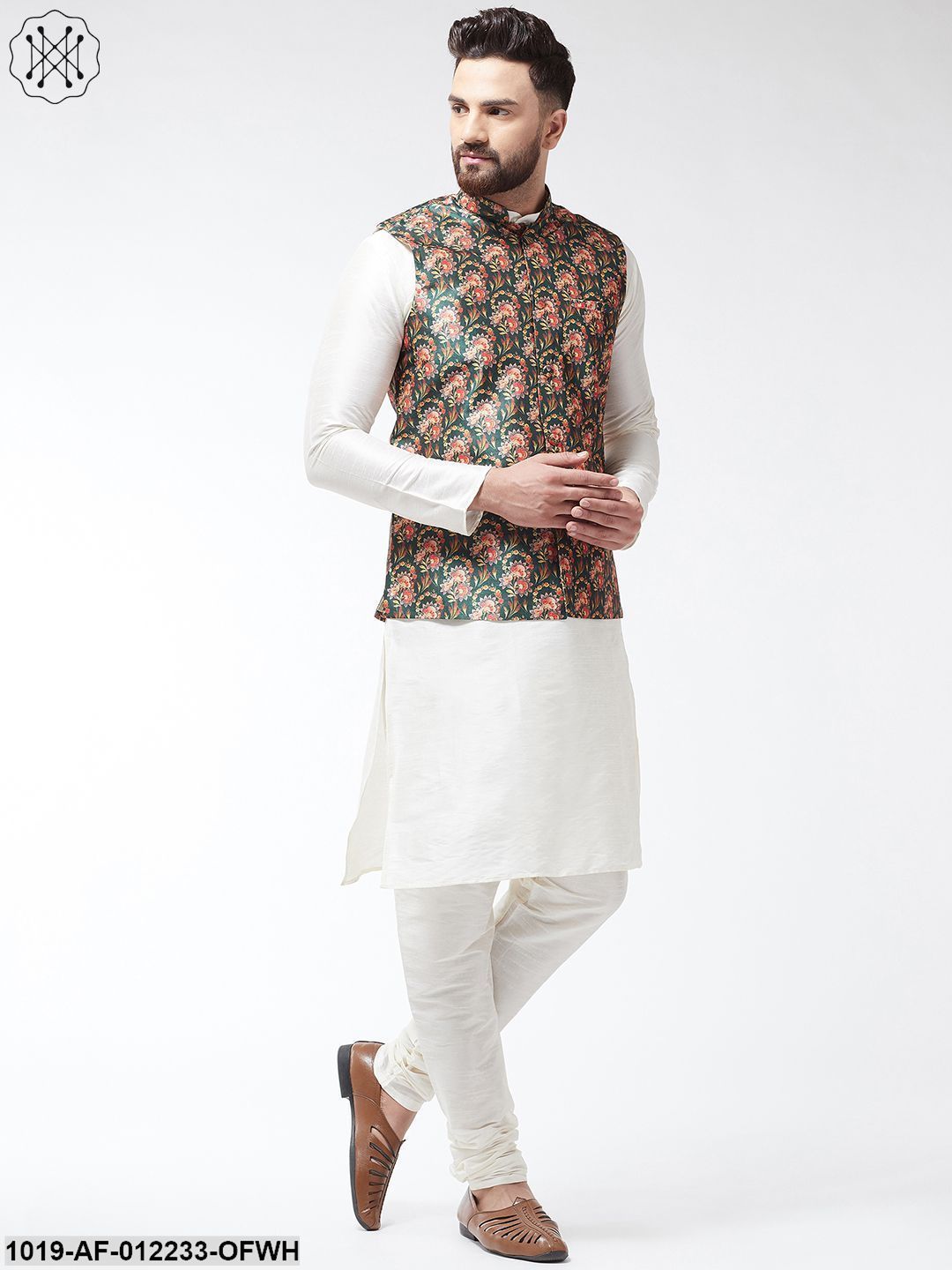 Men's Silk Blend Offwhite Kurta With Pyjama & Darkgreen Printed Nehrujacket