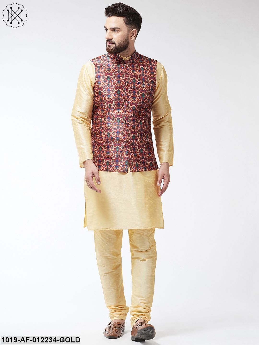 Men's Silk Blend Gold Kurta With Pyjama & Maroon Printed Nehrujacket Combo