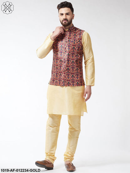 Men's Silk Blend Gold Kurta With Pyjama & Maroon Printed Nehrujacket Combo