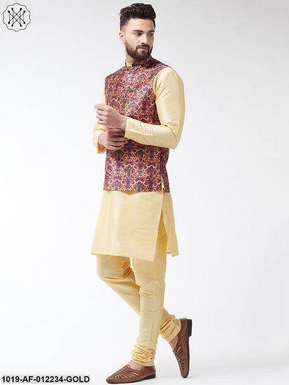 Men's Silk Blend Gold Kurta With Pyjama & Maroon Printed Nehrujacket Combo