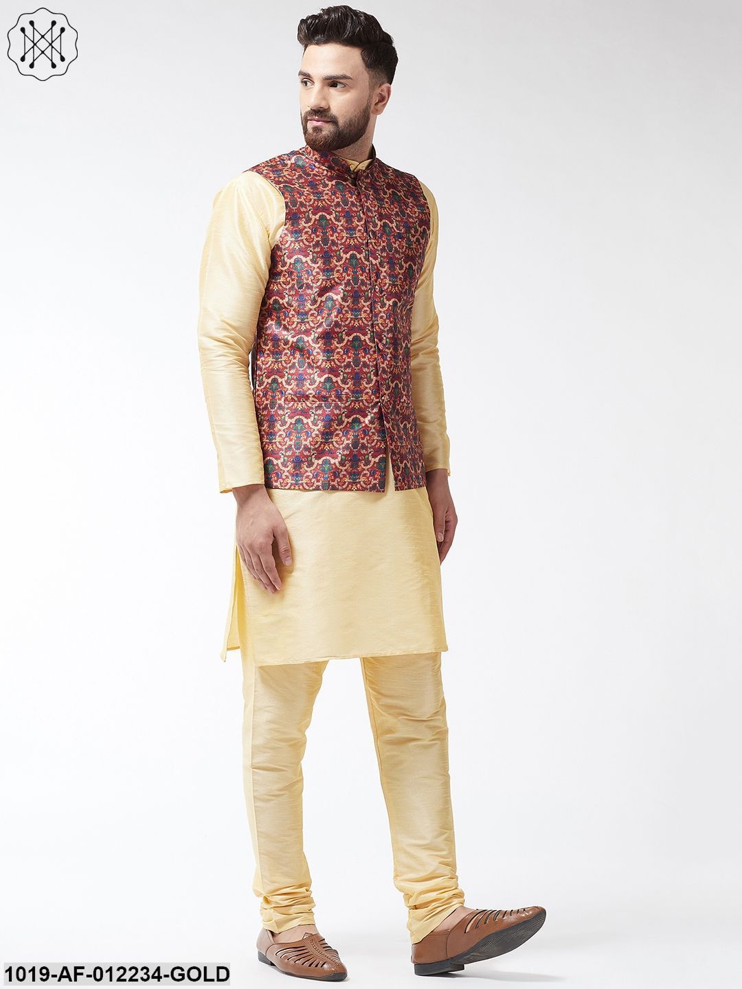 Men's Silk Blend Gold Kurta With Pyjama & Maroon Printed Nehrujacket Combo