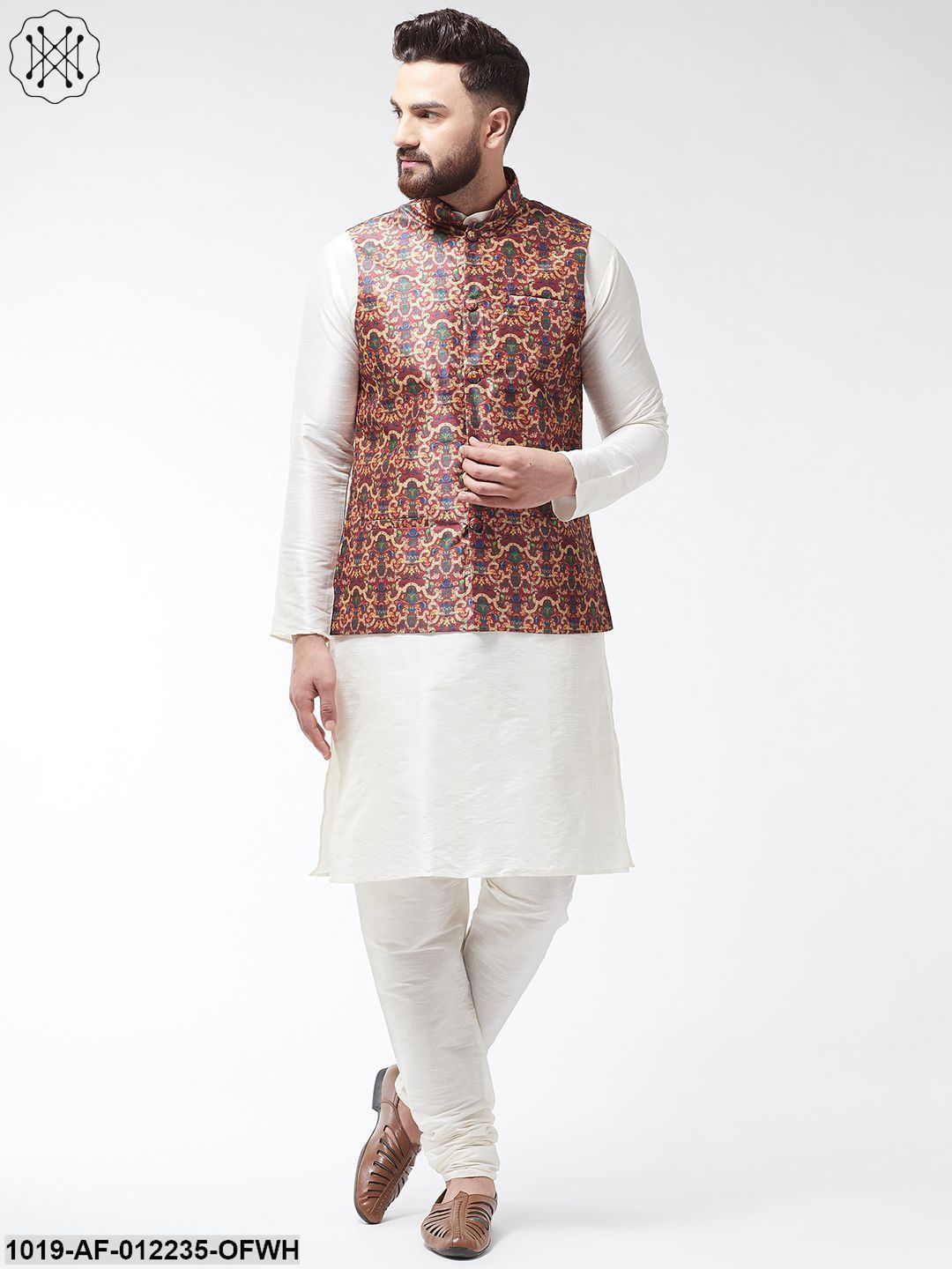 Men's Silk Blend Offwhite Kurta With Pyjama & Maroon Printed Nehrujacket Combo