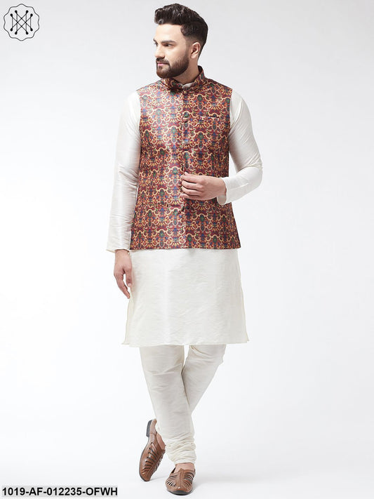 Men's Silk Blend Offwhite Kurta With Pyjama & Maroon Printed Nehrujacket Combo