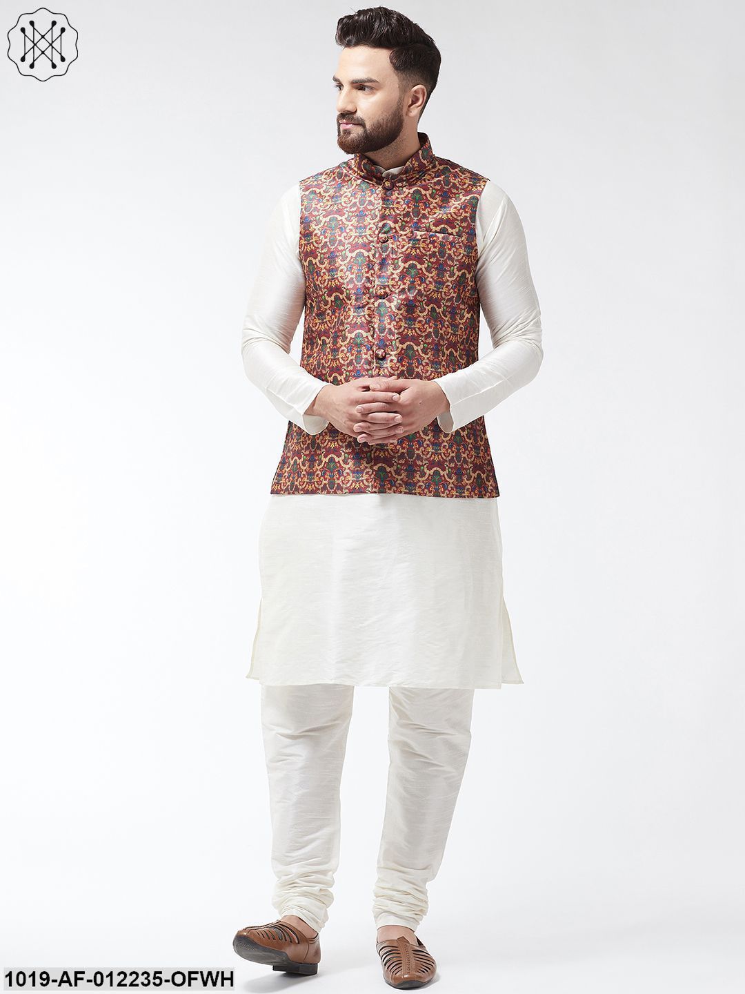 Men's Silk Blend Offwhite Kurta With Pyjama & Maroon Printed Nehrujacket Combo