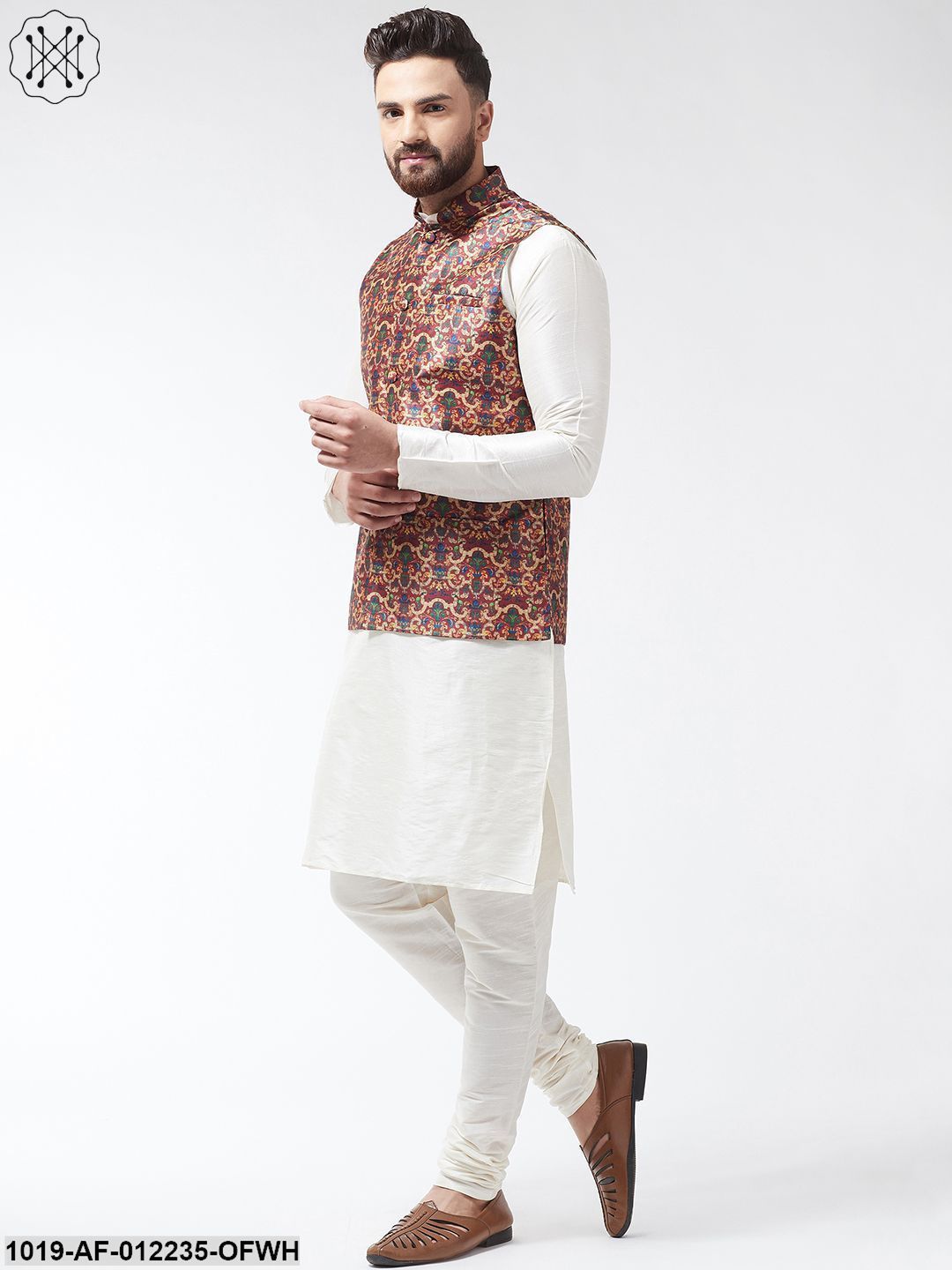 Men's Silk Blend Offwhite Kurta With Pyjama & Maroon Printed Nehrujacket Combo