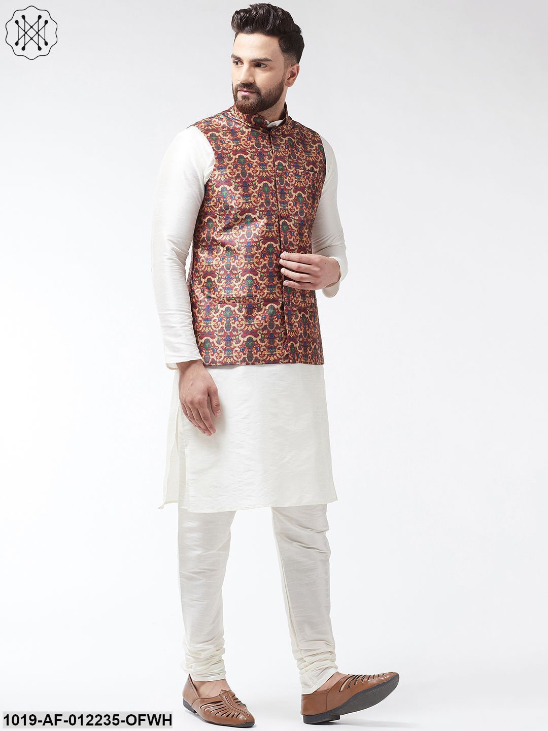 Men's Silk Blend Offwhite Kurta With Pyjama & Maroon Printed Nehrujacket Combo