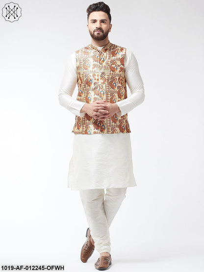 Men's Silk Blend Off White Kurta With Pyjama & Beige Printed Nehrujacket Combo