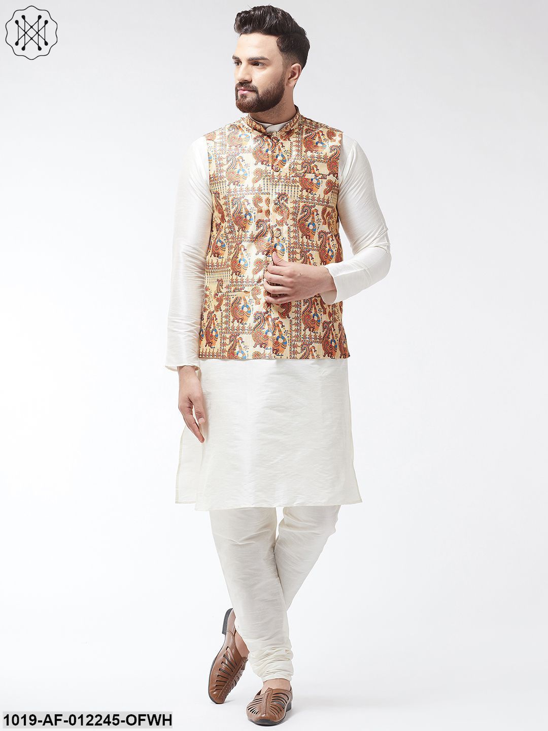 Men's Silk Blend Off White Kurta With Pyjama & Beige Printed Nehrujacket Combo