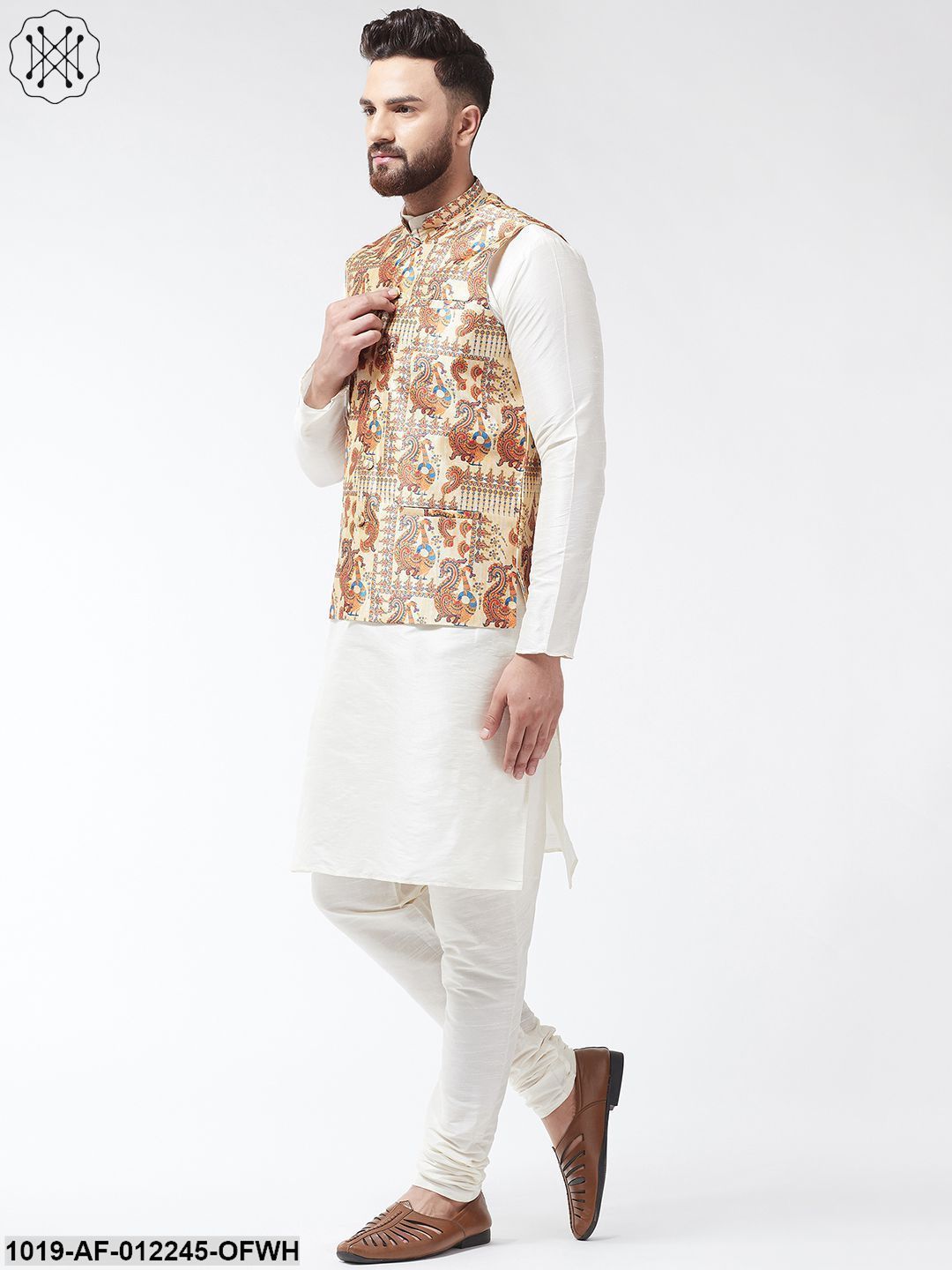 Men's Silk Blend Off White Kurta With Pyjama & Beige Printed Nehrujacket Combo