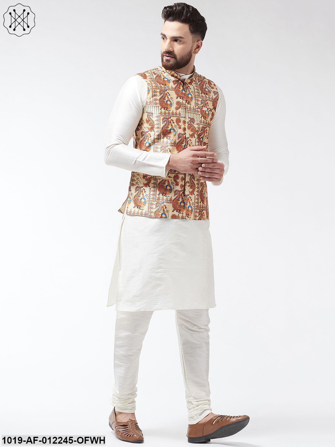 Men's Silk Blend Off White Kurta With Pyjama & Beige Printed Nehrujacket Combo