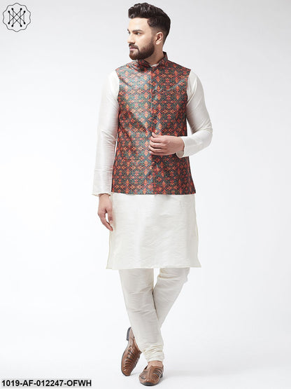 Men's Silk Blend Off White Kurta With Pyjama & Green Printed Nehrujacket Combo