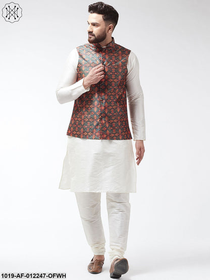 Men's Silk Blend Off White Kurta With Pyjama & Green Printed Nehrujacket Combo