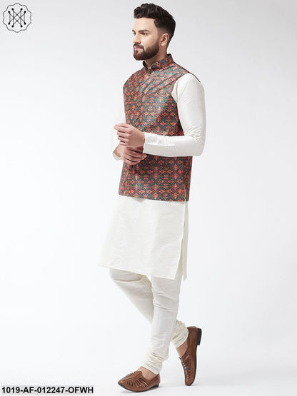 Men's Silk Blend Off White Kurta With Pyjama & Green Printed Nehrujacket Combo