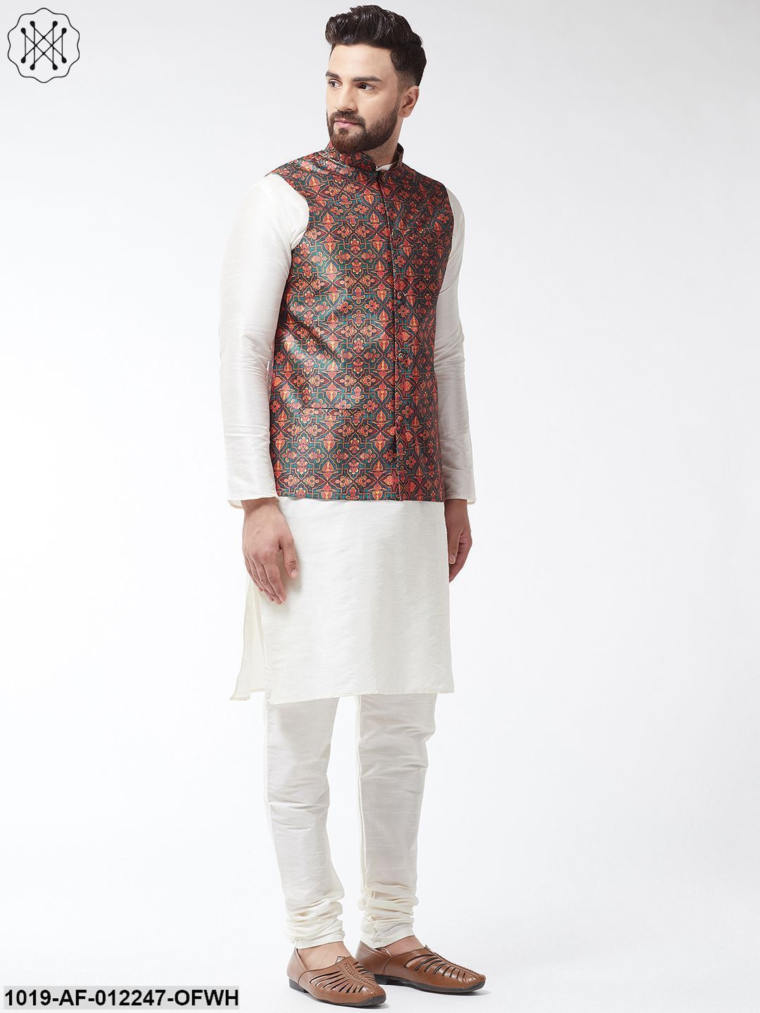 Men's Silk Blend Off White Kurta With Pyjama & Green Printed Nehrujacket Combo