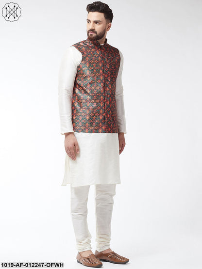 Men's Silk Blend Off White Kurta With Pyjama & Green Printed Nehrujacket Combo