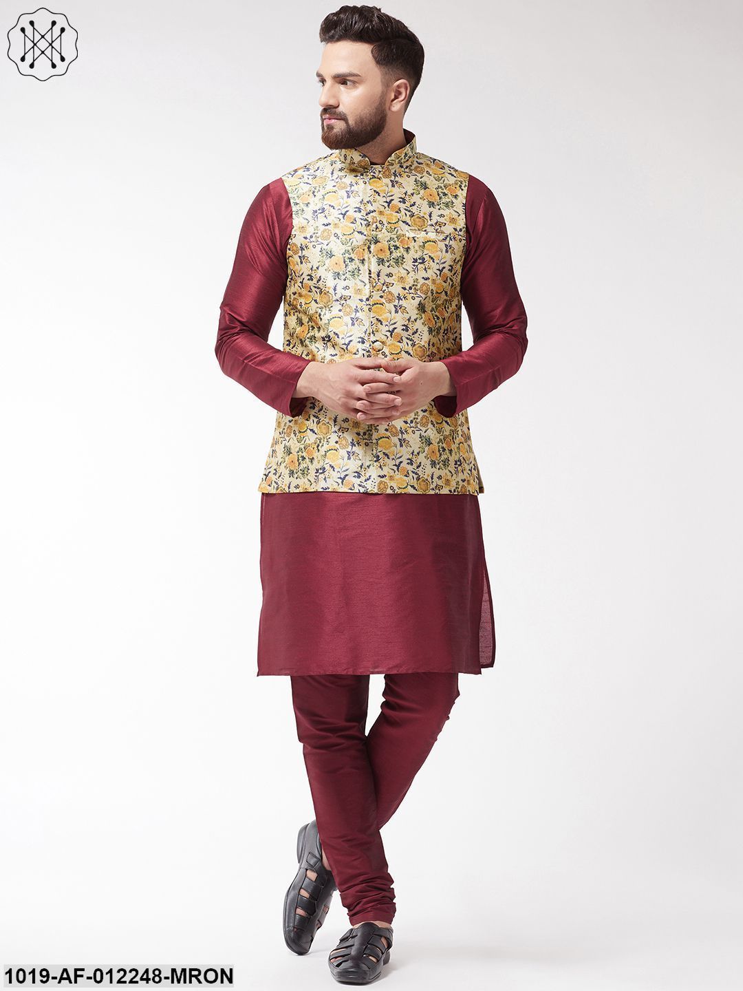 Men's Silk Blend Maroon Kurta With Pyjama & Limegreen Printed Nehrujacket