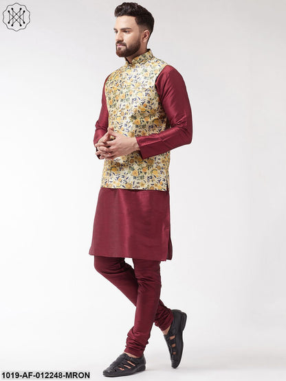 Men's Silk Blend Maroon Kurta With Pyjama & Limegreen Printed Nehrujacket