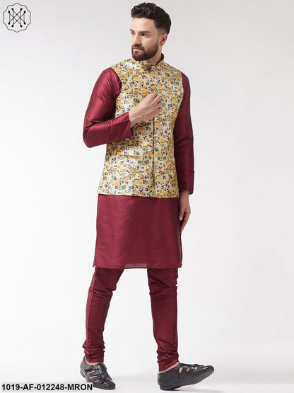 Men's Silk Blend Maroon Kurta With Pyjama & Limegreen Printed Nehrujacket