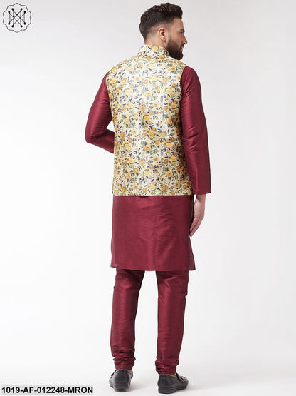 Men's Silk Blend Maroon Kurta With Pyjama & Limegreen Printed Nehrujacket