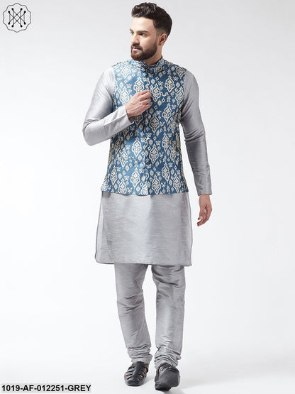 Men's Silk Blend Grey Kurta With Pyjama & Grey Printed Nehrujacket Combo