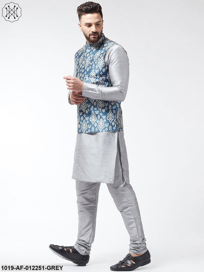 Men's Silk Blend Grey Kurta With Pyjama & Grey Printed Nehrujacket Combo